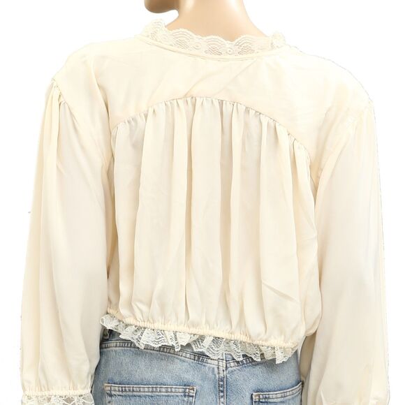 Anthropologie LyreBird Satin Buttondown Blouse Top Floral Lace Coverup L 281500 - Picture 8 of 9